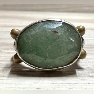 Vintage Designer Signed YS India Sterling Silver & Brass Aventurine Ring, Size 8